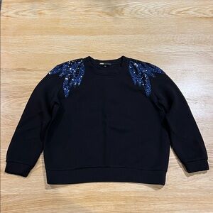 MAJE black scuba-style sweatshirt with blue sequin embellishments 3/4 sleeves 1